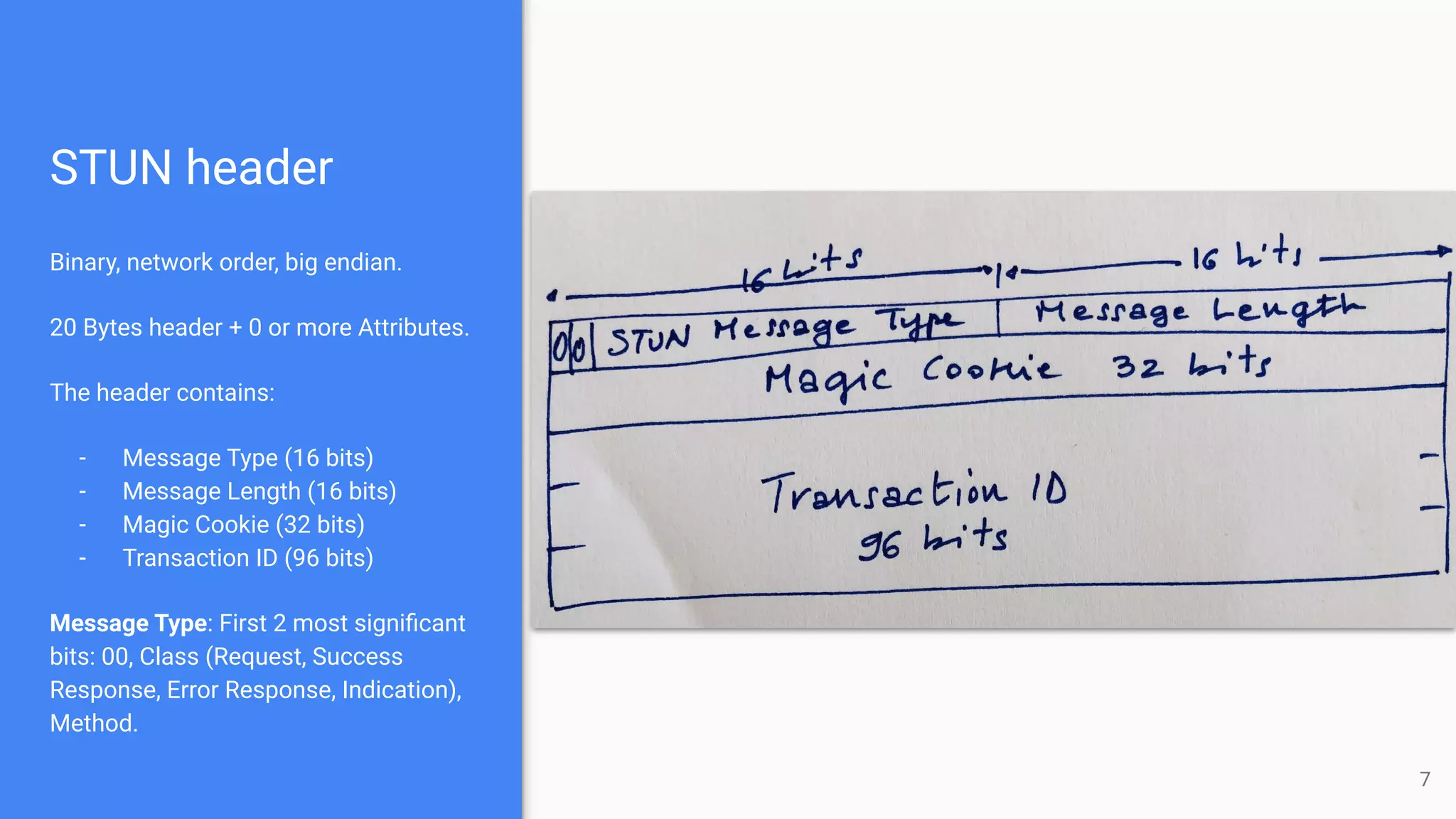 STUN header
Binary, network order, big endian.
20 Bytes header + 0 or more Attributes.
The header contains:
- Message Type (16 bits)
- Message Length (16 bits)
- Magic Cookie (32 bits)
- Transaction ID (96 bits)
Message Type: First 2 most signiﬁcant
bits: 00, Class (Request, Success
Response, Error Response, Indication),
Method.
7
 