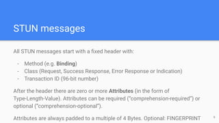 STUN messages
All STUN messages start with a ﬁxed header with:
- Method (e.g. Binding)
- Class (Request, Success Response, Error Response or Indication)
- Transaction ID (96-bit number)
After the header there are zero or more Attributes (in the form of
Type-Length-Value). Attributes can be required (“comprehension-required”) or
optional (“comprehension-optional”).
Attributes are always padded to a multiple of 4 Bytes. Optional: FINGERPRINT 6
 