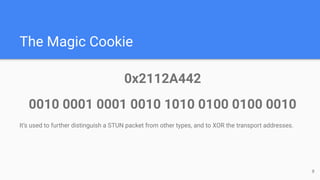 The Magic Cookie
0x2112A442
0010 0001 0001 0010 1010 0100 0100 0010
It’s used to further distinguish a STUN packet from other types, and to XOR the transport addresses.
8
 