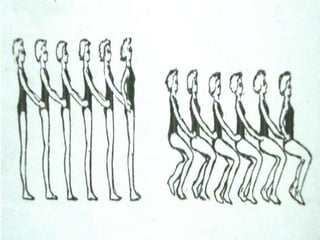 Walking Chair

a. Line one behind the other. Hold
   waist of the person in front.
b. On signal “READY”, all
   participants go to half-knee bend.
c. On command “GO”, walk on right,
   left, right, etc.

Note: The body should be erect and
the heads properly aligned.
 