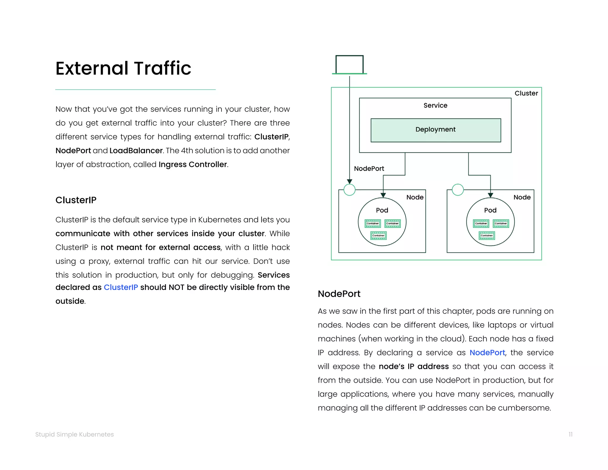 11
Stupid Simple Kubernetes
External Traffic
Now that you’ve got the services running in your cluster, how
do you get external traffic into your cluster? There are three
different service types for handling external traffic: ClusterIP,
NodePort and LoadBalancer. The 4th solution is to add another
layer of abstraction, called Ingress Controller.
ClusterIP is the default service type in Kubernetes and lets you
communicate with other services inside your cluster. While
ClusterIP is not meant for external access, with a little hack
using a proxy, external traffic can hit our service. Don’t use
this solution in production, but only for debugging. Services
declared as ClusterIP should NOT be directly visible from the
outside.
ClusterIP
As we saw in the first part of this chapter, pods are running on
nodes. Nodes can be different devices, like laptops or virtual
machines (when working in the cloud). Each node has a fixed
IP address. By declaring a service as NodePort, the service
will expose the node’s IP address so that you can access it
from the outside. You can use NodePort in production, but for
large applications, where you have many services, manually
managing all the different IP addresses can be cumbersome.
NodePort
 