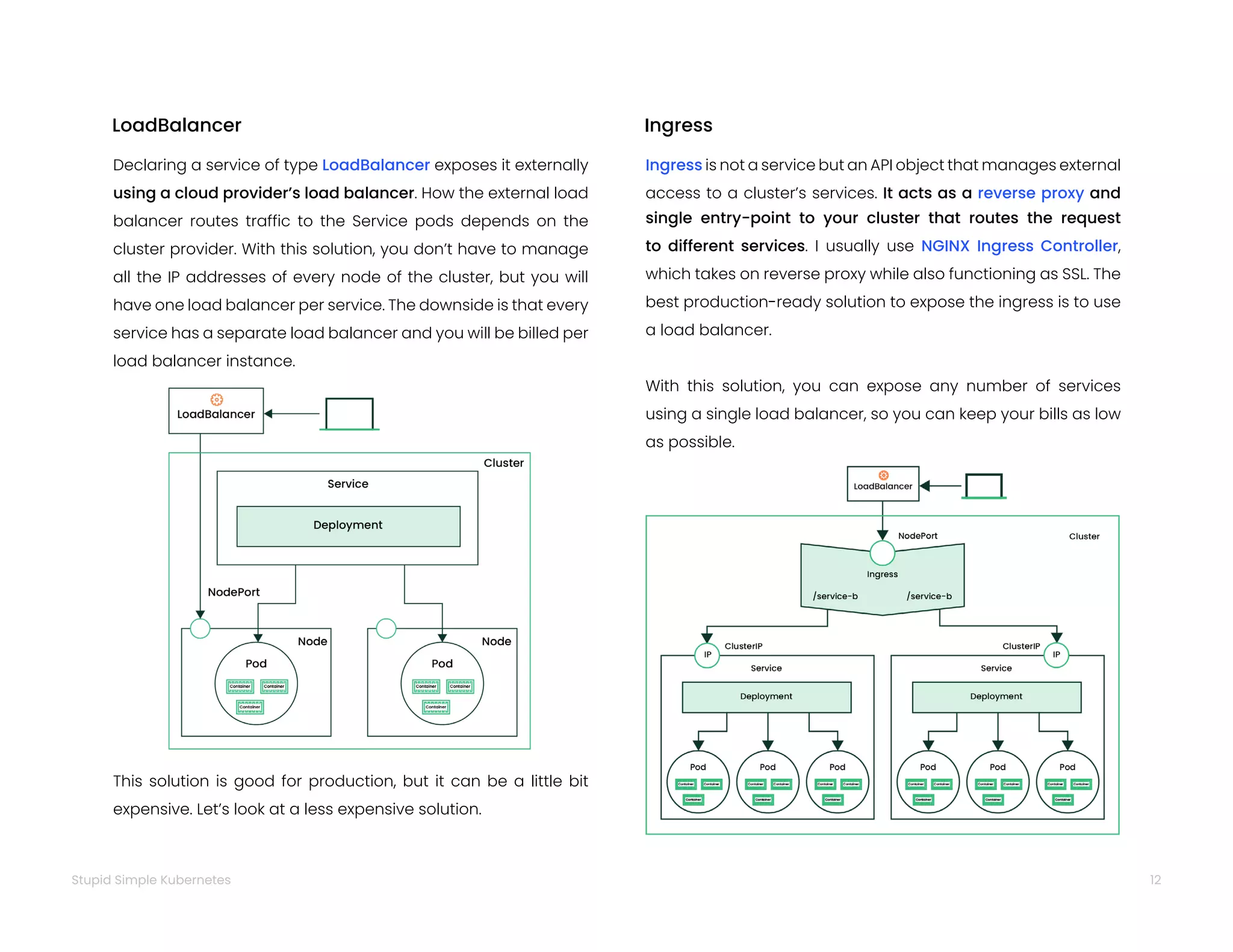 12
Stupid Simple Kubernetes
Declaring a service of type LoadBalancer exposes it externally
using a cloud provider’s load balancer. How the external load
balancer routes traffic to the Service pods depends on the
cluster provider. With this solution, you don’t have to manage
all the IP addresses of every node of the cluster, but you will
have one load balancer per service. The downside is that every
service has a separate load balancer and you will be billed per
load balancer instance.
This solution is good for production, but it can be a little bit
expensive. Let’s look at a less expensive solution.
LoadBalancer
Ingress is not a service but an API object that manages external
access to a cluster’s services. It acts as a reverse proxy and
single entry-point to your cluster that routes the request
to different services. I usually use NGINX Ingress Controller,
which takes on reverse proxy while also functioning as SSL. The
best production-ready solution to expose the ingress is to use
a load balancer.
With this solution, you can expose any number of services
using a single load balancer, so you can keep your bills as low
as possible.
Ingress
 