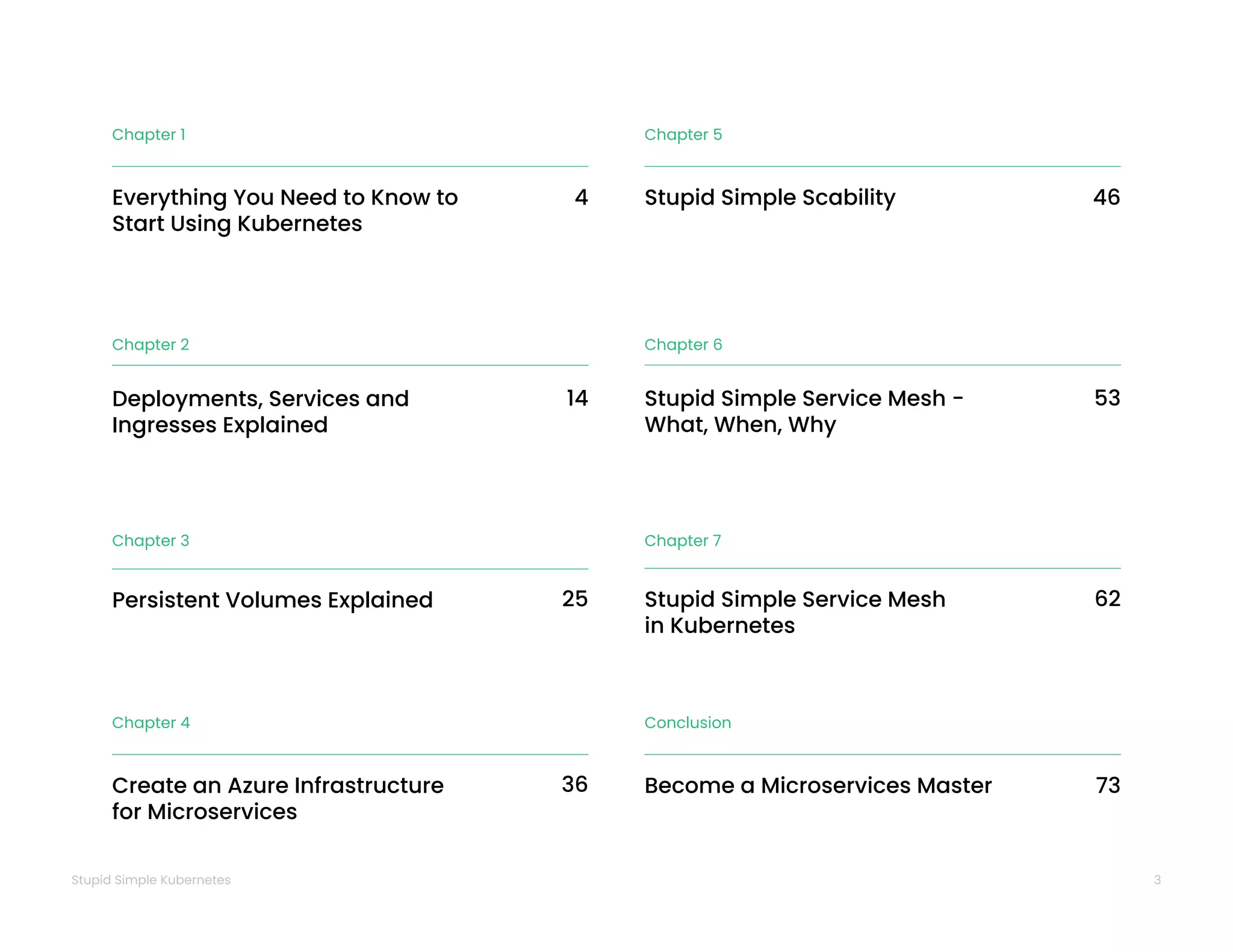 3
Stupid Simple Kubernetes
Chapter 1
Everything You Need to Know to
Start Using Kubernetes
4
Chapter 2
Deployments, Services and
Ingresses Explained
14
Chapter 3
Persistent Volumes Explained 25
Chapter 5
Stupid Simple Scability 46
Chapter 6
Stupid Simple Service Mesh -
What, When, Why
53
Chapter 7
Stupid Simple Service Mesh
in Kubernetes
62
Chapter 4
Create an Azure Infrastructure
for Microservices
36
Conclusion
Become a Microservices Master 73
 