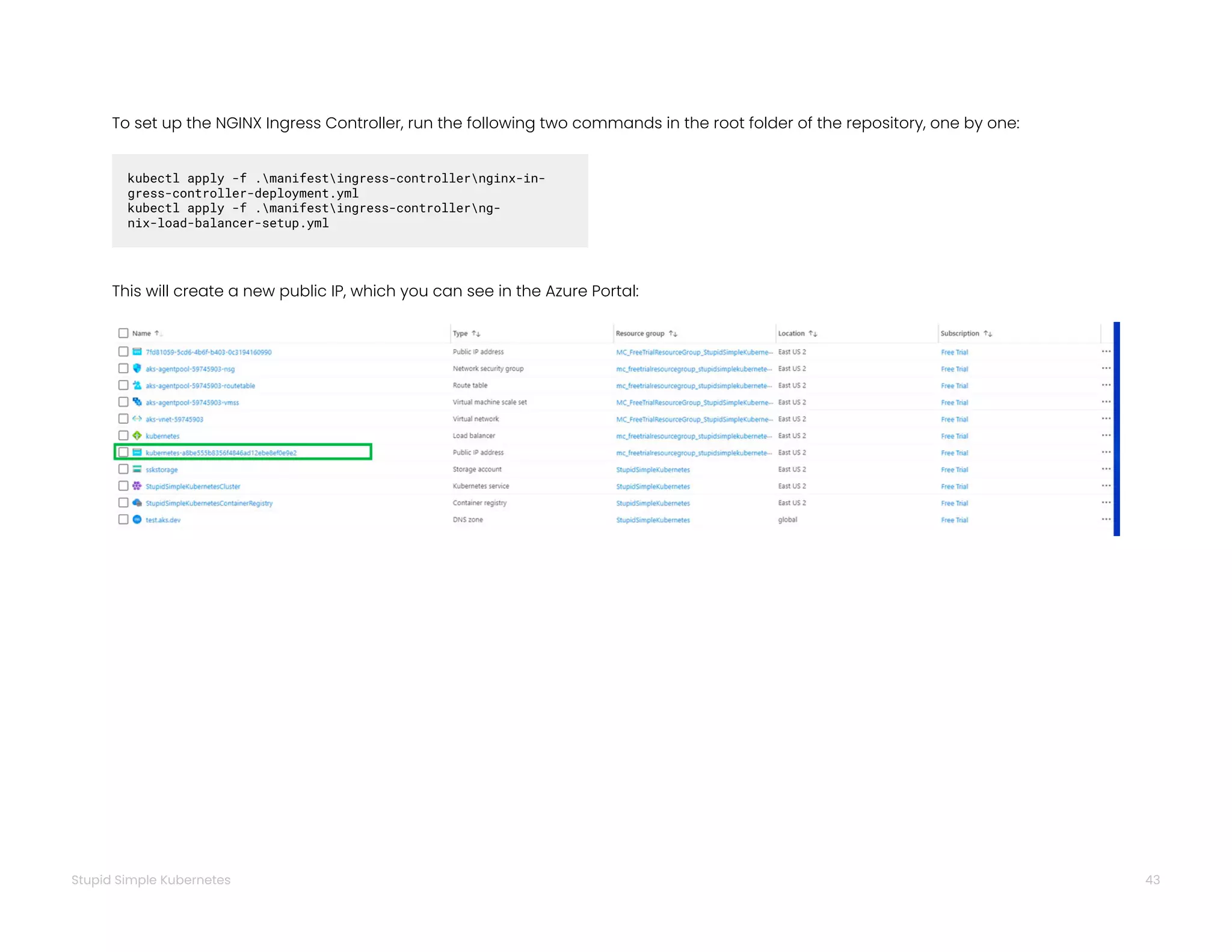 43
Stupid Simple Kubernetes
kubectl apply -f .manifestingress-controllernginx-in-
gress-controller-deployment.yml
kubectl apply -f .manifestingress-controllerng-
nix-load-balancer-setup.yml
This will create a new public IP, which you can see in the Azure Portal:
To set up the NGINX Ingress Controller, run the following two commands in the root folder of the repository, one by one:
 
