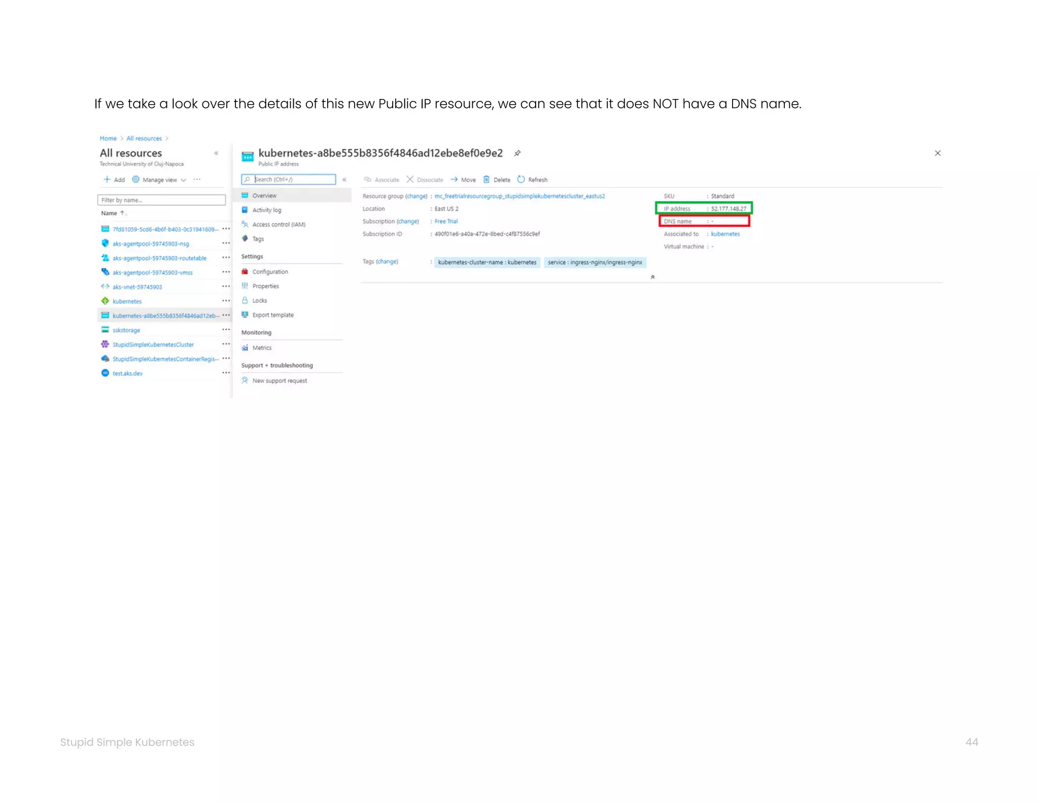 44
Stupid Simple Kubernetes
If we take a look over the details of this new Public IP resource, we can see that it does NOT have a DNS name.
 