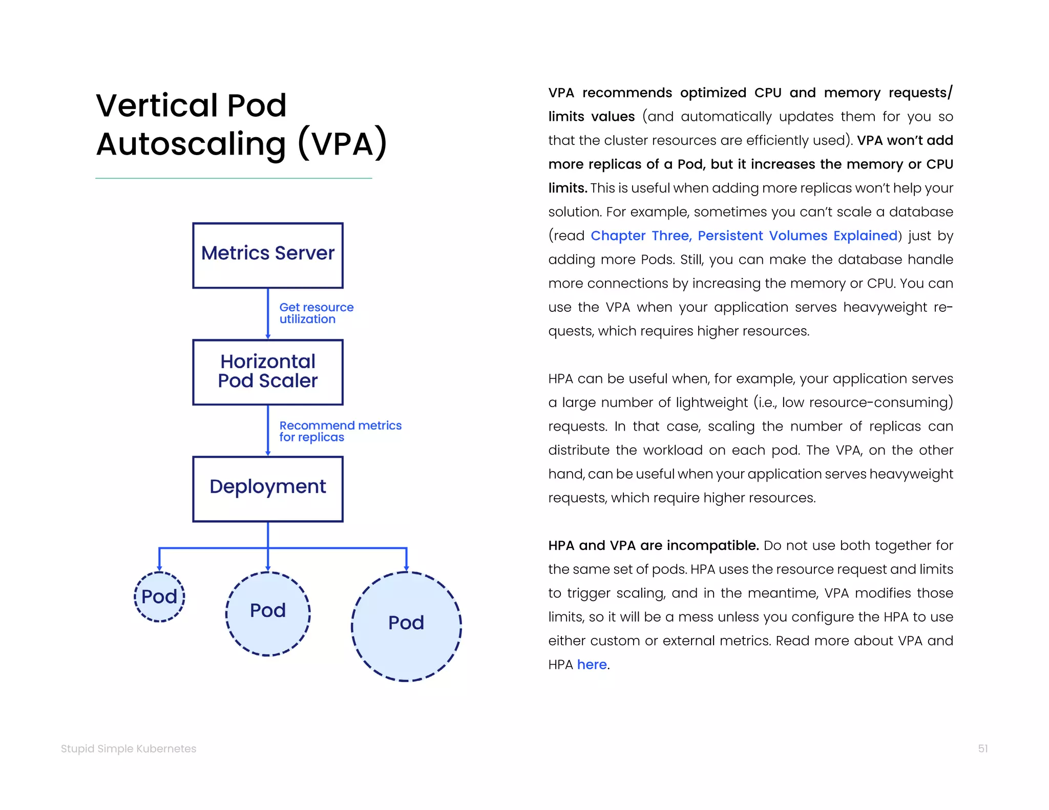 51
Stupid Simple Kubernetes
VPA recommends optimized CPU and memory requests/
limits values (and automatically updates them for you so
that the cluster resources are efficiently used). VPA won’t add
more replicas of a Pod, but it increases the memory or CPU
limits. This is useful when adding more replicas won’t help your
solution. For example, sometimes you can’t scale a database
(read Chapter Three, Persistent Volumes Explained) just by
adding more Pods. Still, you can make the database handle
more connections by increasing the memory or CPU. You can
use the VPA when your application serves heavyweight re-
quests, which requires higher resources.
HPA can be useful when, for example, your application serves
a large number of lightweight (i.e., low resource-consuming)
requests. In that case, scaling the number of replicas can
distribute the workload on each pod. The VPA, on the other
hand, can be useful when your application serves heavyweight
requests, which require higher resources.
HPA and VPA are incompatible. Do not use both together for
the same set of pods. HPA uses the resource request and limits
to trigger scaling, and in the meantime, VPA modifies those
limits, so it will be a mess unless you configure the HPA to use
either custom or external metrics. Read more about VPA and
HPA here.
Vertical Pod
Autoscaling (VPA)
 