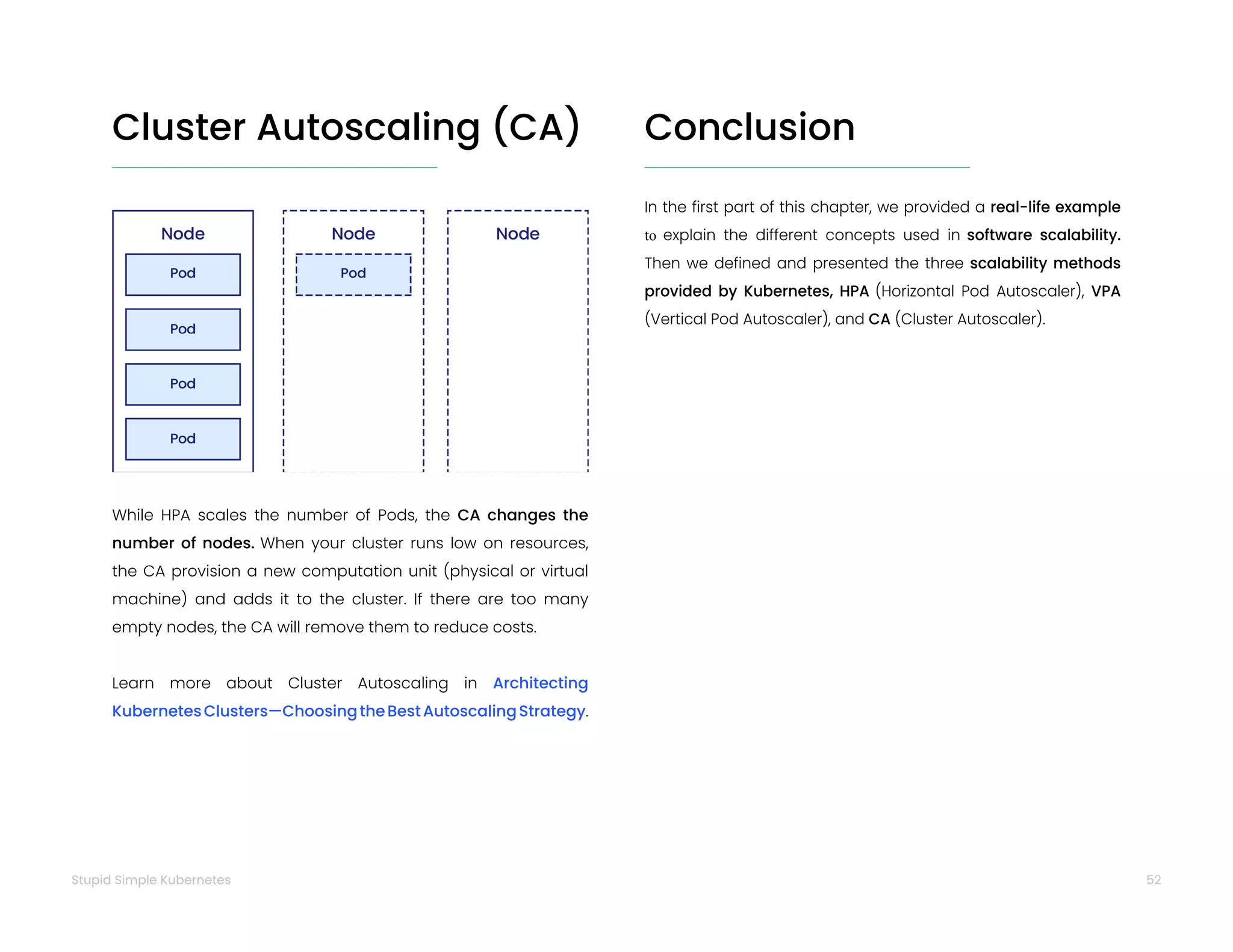 52
Stupid Simple Kubernetes
While HPA scales the number of Pods, the CA changes the
number of nodes. When your cluster runs low on resources,
the CA provision a new computation unit (physical or virtual
machine) and adds it to the cluster. If there are too many
empty nodes, the CA will remove them to reduce costs.
Learn more about Cluster Autoscaling in Architecting
KubernetesClusters—ChoosingtheBestAutoscalingStrategy.
In the first part of this chapter, we provided a real-life example
to explain the different concepts used in software scalability.
Then we defined and presented the three scalability methods
provided by Kubernetes, HPA (Horizontal Pod Autoscaler), VPA
(Vertical Pod Autoscaler), and CA (Cluster Autoscaler).
Cluster Autoscaling (CA) Conclusion
 