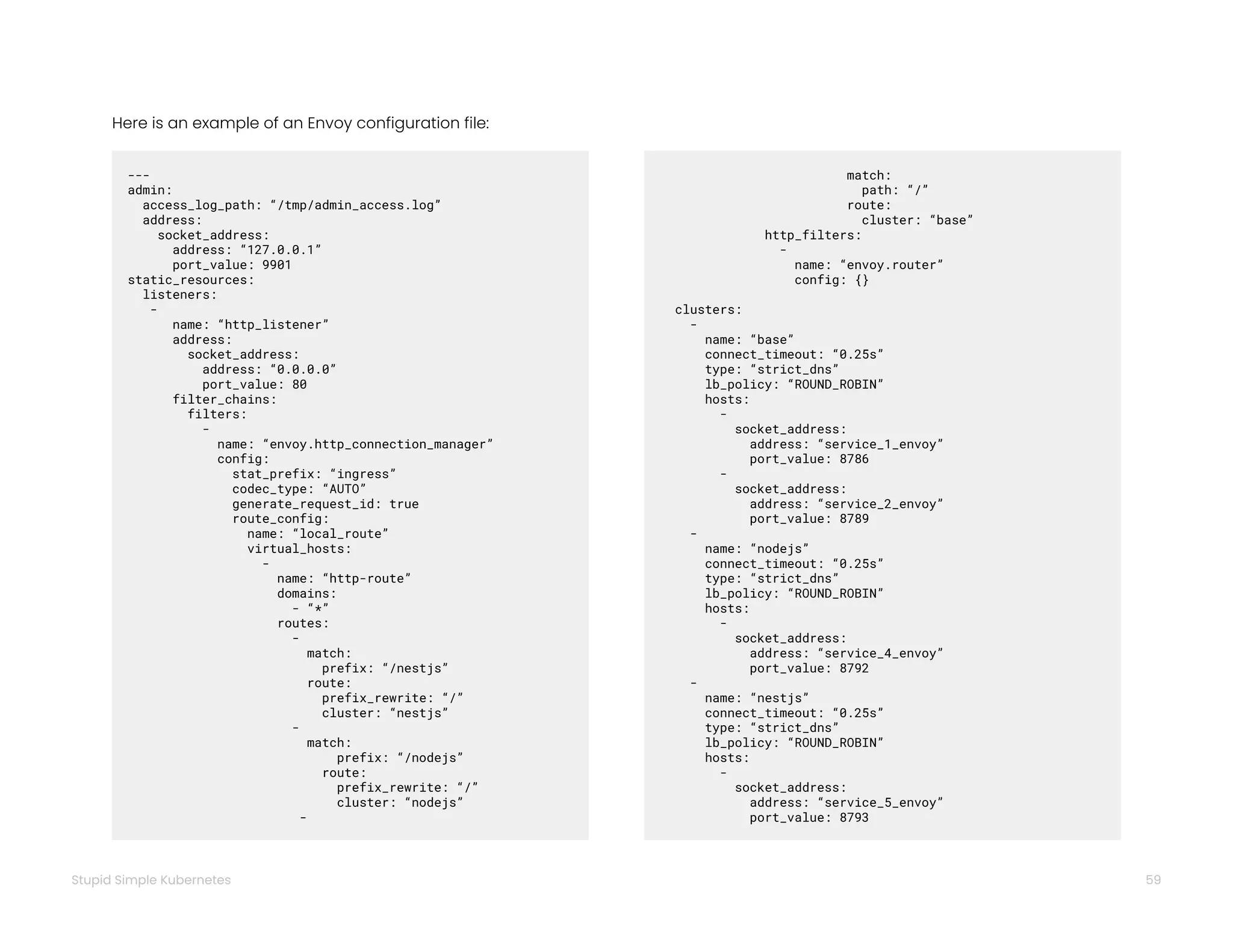 59
Stupid Simple Kubernetes
Here is an example of an Envoy configuration file:
---
admin:
access_log_path: “/tmp/admin_access.log”
address:
socket_address:
address: “127.0.0.1”
port_value: 9901
static_resources:
listeners:
-
name: “http_listener”
address:
socket_address:
address: “0.0.0.0”
port_value: 80
filter_chains:
filters:
-
name: “envoy.http_connection_manager”
config:
stat_prefix: “ingress”
codec_type: “AUTO”
generate_request_id: true
route_config:
name: “local_route”
virtual_hosts:
-
name: “http-route”
domains:
- “*”
routes:
-
match:
prefix: “/nestjs”
route:
prefix_rewrite: “/”
cluster: “nestjs”
-
match:
prefix: “/nodejs”
route:
prefix_rewrite: “/”
cluster: “nodejs”
-
match:
path: “/”
route:
cluster: “base”
http_filters:
-
name: “envoy.router”
config: {}
clusters:
-
name: “base”
connect_timeout: “0.25s”
type: “strict_dns”
lb_policy: “ROUND_ROBIN”
hosts:
-
socket_address:
address: “service_1_envoy”
port_value: 8786
-
socket_address:
address: “service_2_envoy”
port_value: 8789
-
name: “nodejs”
connect_timeout: “0.25s”
type: “strict_dns”
lb_policy: “ROUND_ROBIN”
hosts:
-
socket_address:
address: “service_4_envoy”
port_value: 8792
-
name: “nestjs”
connect_timeout: “0.25s”
type: “strict_dns”
lb_policy: “ROUND_ROBIN”
hosts:
-
socket_address:
address: “service_5_envoy”
port_value: 8793
 