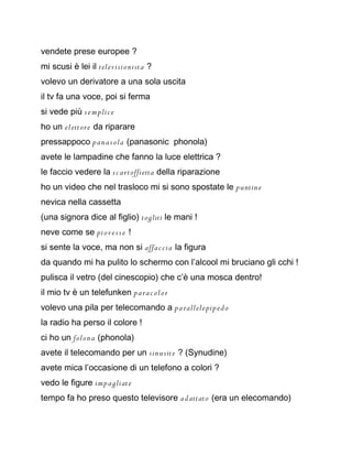 vendete prese europee ?
mi scusi è lei il televisionista ?
volevo un derivatore a una sola uscita
il tv fa una voce, poi si ferma
si vede più s e m plic e
ho un el ettore da riparare
pressappoco p an a s ola (panasonic phonola)
avete le lampadine che fanno la luce elettrica ?
le faccio vedere la s c a rtoffietta della riparazione
ho un video che nel trasloco mi si sono spostate le puntine
nevica nella cassetta
(una signora dice al figlio) togliti le mani !
neve come se pi o v e s s e !
si sente la voce, ma non si affa c cia la figura
da quando mi ha pulito lo schermo con l’alcool mi bruciano gli cchi !
pulisca il vetro (del cinescopio) che c’è una mosca dentro!
il mio tv è un telefunken p a ra c ol o r
volevo una pila per telecomando a p a rallele pip e d o
la radio ha perso il colore !
ci ho un folon a (phonola)
avete il telecomando per un sinu site ? (Synudine)
avete mica l’occasione di un telefono a colori ?
vedo le figure imp agliate
tempo fa ho preso questo televisore a d attato (era un elecomando)
 