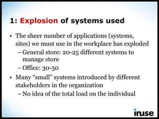 1:  Explosion  of systems used ,[object Object],[object Object],[object Object],[object Object],[object Object]
