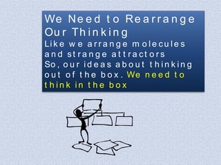 We N e e d t o R e a r r a n g e
Ou r Th i n k i n g
Li k e w e a r r a n g e m o l e c u l e s
a n d st ra n g e a t t ra ct o rs
So , o u r i d e a s a b o u t t h i n k i n g
o u t o f t h e b o x . We n e e d t o
t hink in t he box

 