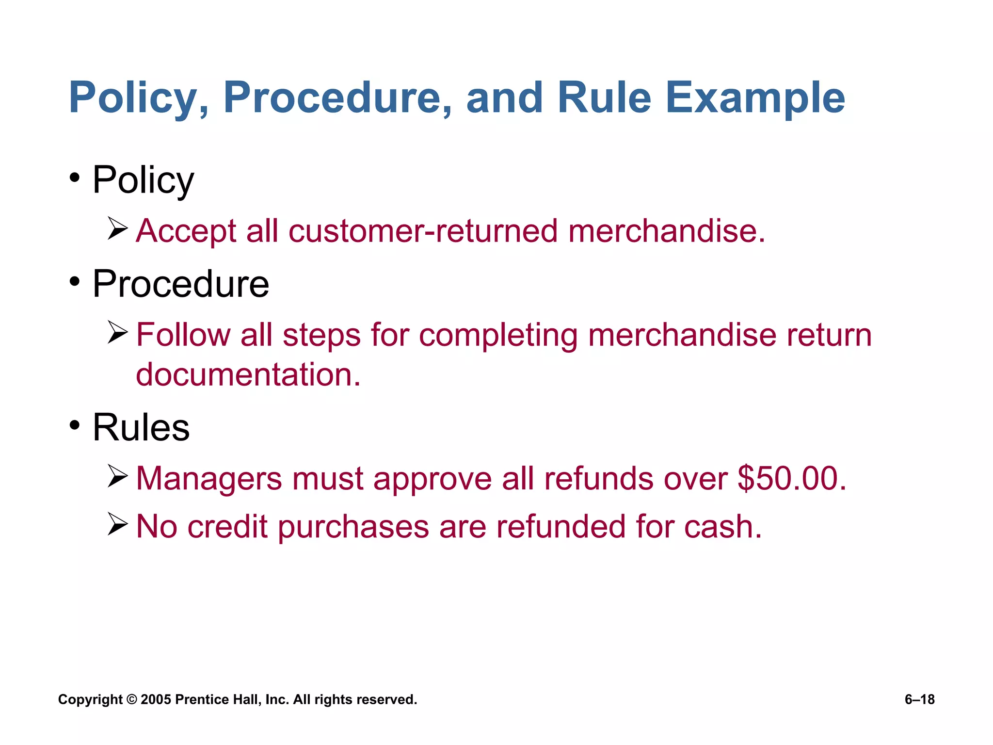 Policy, Procedure, and Rule Example Policy Accept all customer-returned merchandise. Procedure Follow all steps for completing merchandise return documentation. Rules Managers must approve all refunds over $50.00. No credit purchases are refunded for cash. 