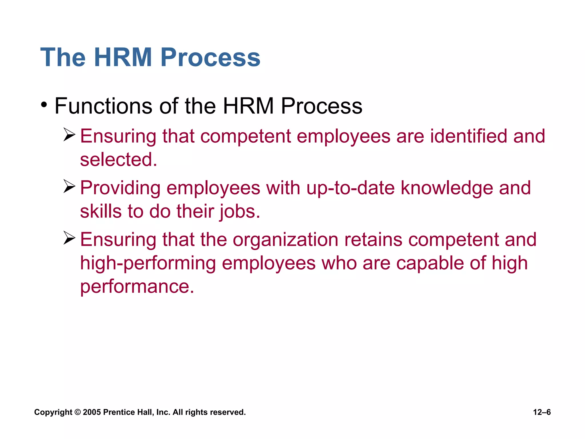 The HRM Process Functions of the HRM Process Ensuring that competent employees are identified and selected. Providing employees with up-to-date knowledge and skills to do their jobs. Ensuring that the organization retains competent and high-performing employees who are capable of high performance. 