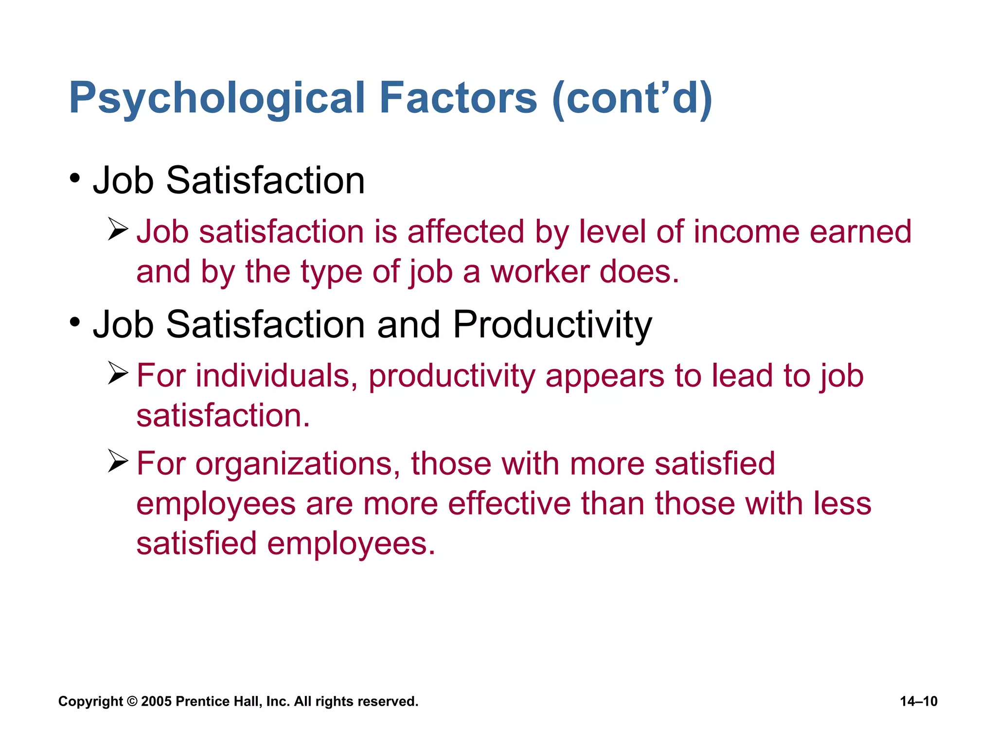 Psychological Factors (cont’d) Job Satisfaction Job satisfaction is affected by level of income earned and by the type of job a worker does. Job Satisfaction and Productivity For individuals, productivity appears to lead to job satisfaction. For organizations, those with more satisfied employees are more effective than those with less satisfied employees. 