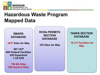 Hazardous Waste Program
Mapped Data
SMARS
DATABASE
3437 Sites for Map
997 VCP
609 Federal Facilities
836 Superfund
1 US EPA
754 BA Sites
240 Inactive Sites
RCRA PERMITS
SECTION
DATABASE
103 Sites for Map
TANKS SECTION
DATABASE
16,117 Facilities for
Map
 
