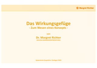 Systemische Gespräche I Stuttgart 2023
Das Wirkungsgefüge
- Zum Wesen eines Konzepts -
von
Dr. Margret Richter
(SOLIDIA MANAGEMENTBERATUNG)
 