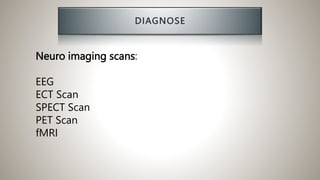 Neuro imaging scans:
EEG
ECT Scan
SPECT Scan
PET Scan
fMRI
 