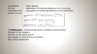 Cancellation : stops, pauses.
Pull out : alternation of stuttering behaviour as it occurring.
Preparatory set : anticipation of stuttering Behaviour and modification
before it occurs.
6) Stabilization - individual becomes a confident communicator.
Strength of this program
Focuses on the whole person
encourages an internal focus of Control
Easy clinical application
 