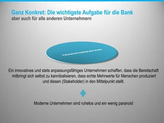 Ganz Konkret: Die wichtigste Aufgabe für die Bank
aber auch für alle anderen Unternehmern
Ein innovatives und stets anpassungsfähiges Unternehmen schaffen, dass die Bereitschaft
mitbringt sich selbst zu kannibalisieren, dass echte Mehrwerte für Menschen produziert
und diesen (Stakeholder) in den Mittelpunkt stellt.
♦
Moderne Unternehmen sind ruhelos und ein wenig paranoid
 