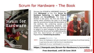 Scrum for Hardware - The Book
Discover the SCRUM for HARDWARE pioneers:
from Wikispeed to the first Scrum for
Hardware Gathering, the Agile Product
Charter and Scrum@Scale. The book is
divided in two parts: the first one made of
stories which introduce the topic in an easy
way, the second one include the description of
the method, the underling values and
principles, the engineering practices, case
studies and many practical examples on how
to adopt it in your company. In the Appendix
you'll find the Scrum and Scrum@Scale guides
and the description of Cynefin and
PopcornFlow. Foreword by Joe Justice.
https://leanpub.com/Scrum-for-Hardware/c/scrumday
Free download, until 30 June 2019
 
