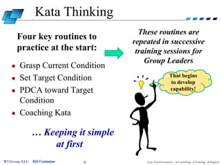 Kata Thinking
                                        These routines are
        Four key routines to
                                      repeated in successive
        practice at the start:         training sessions for
                                          Group Leaders
    ● Grasp Current Condition
                                                          That begins
    ● Set Target Condition
                                                          to develop
    ● PDCA toward Target                                  capability!

      Condition
    ● Coaching Kata

                … Keeping it simple
                    at first
W3 Group, LLC   Bill Costantino   6       Lean Transformation   l   Consulting   l   Training   l   Support
 