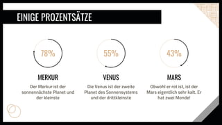 VENUS
Die Venus ist der zweite
Planet des Sonnensystems
und der drittkleinste
MERKUR
Der Merkur ist der
sonnennächste Planet und
der kleinste
MARS
Obwohl er rot ist, ist der
Mars eigentlich sehr kalt. Er
hat zwei Monde!
78% 55% 43%
EINIGE PROZENTSÄTZE
 
