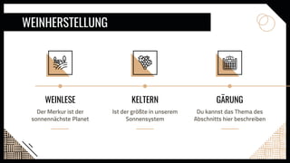 WEINHERSTELLUNG
KELTERN
Ist der größte in unserem
Sonnensystem
WEINLESE
Der Merkur ist der
sonnennächste Planet
GÄRUNG
Du kannst das Thema des
Abschnitts hier beschreiben
 