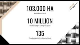 103.000 HA
kultiviertes Land
135
Trauben Vielfalt in Deutschland
10 MILLION
Hektoliter pro Jahr produziert
 