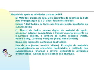 Material de apoio as atividades da área de DIJ:
    (2) Métodos, planos de aula. Dois conjuntos de apostilas da FEB
    para evangelização (3 a 21 anos) foram distribuídos
    Edição / distribuição de livros nas línguas locais, adaptados as
    culturas locais
    (1) Banco de dados, acervo digital de material de apoio,
    pesquisar, adaptar, compartilhar e traduzir material existente no
    movimento espirita, e também de outras religiões (Arlete,
    Karina, Suely, Caroline). Pesquisa (Nelly, Maria Gekeler)
    Sequencia logica dos conteúdos doutrinários
    Uso da arte (teatro, musica, vídeos): Produção de materiais
    contextualizando os conteúdos doutrinários a realidade dos
    evangelizandos (crianças e jovens) utilizando-se atividades
    diversificadas / lúdicas para o alcance dos objetivos.
 
