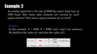 An analog signal has a bit rate of 8000 bps and a baud rate of
1000 baud. How many data elements are carried by each
signal element? How many signal elements do we need?
Solution
In this example, S = 1000, N = 8000, and r and L are unknown.
We find first the value of r and then the value of L.
Example: 2
 