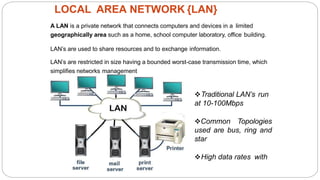 LOCAL AREA NETWORK {LAN}
A LAN is a private network that connects computers and devices in a limited
geographically area such as a home, school computer laboratory, office building.
LAN’s are used to share resources and to exchange information.
LAN’s are restricted in size having a bounded worst-case transmission time, which
simplifies networks management
Traditional LAN’s run
at 10-100Mbps
Common Topologies
used are bus, ring and
star
High data rates with
 
