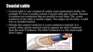 Coaxial cable
 Coaxial cable is very common & widely used commutation media. For
example TV wire is usually coaxial. Coaxial cable gets its name because
it contains two conductors that are parallel to each other. The center
conductor in the cable is usually copper. The copper can be either a solid
wire or stranded martial.
 Outside this central Conductor is a non-conductive material. It is
usually white, plastic material used to separate the inner Conductor
form the outer Conductor. The other Conductor is a fine mesh made
from Copper.
 