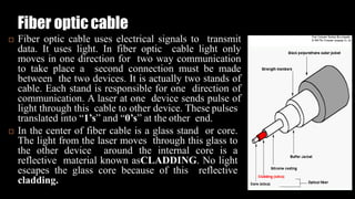 Fiber opticcable
 Fiber optic cable uses electrical signals to transmit
data. It uses light. In fiber optic cable light only
moves in one direction for two way communication
to take place a second connection must be made
between the two devices. It is actually two stands of
cable. Each stand is responsible for one direction of
communication. A laser at one device sends pulse of
light through this cable to other device. These pulses
translated into “1’s” and “0’s” at the other end.
 In the center of fiber cable is a glass stand or core.
The light from the laser moves through this glass to
the other device around the internal core is a
reflective material known asCLADDING. No light
escapes the glass core because of this reflective
cladding.
 