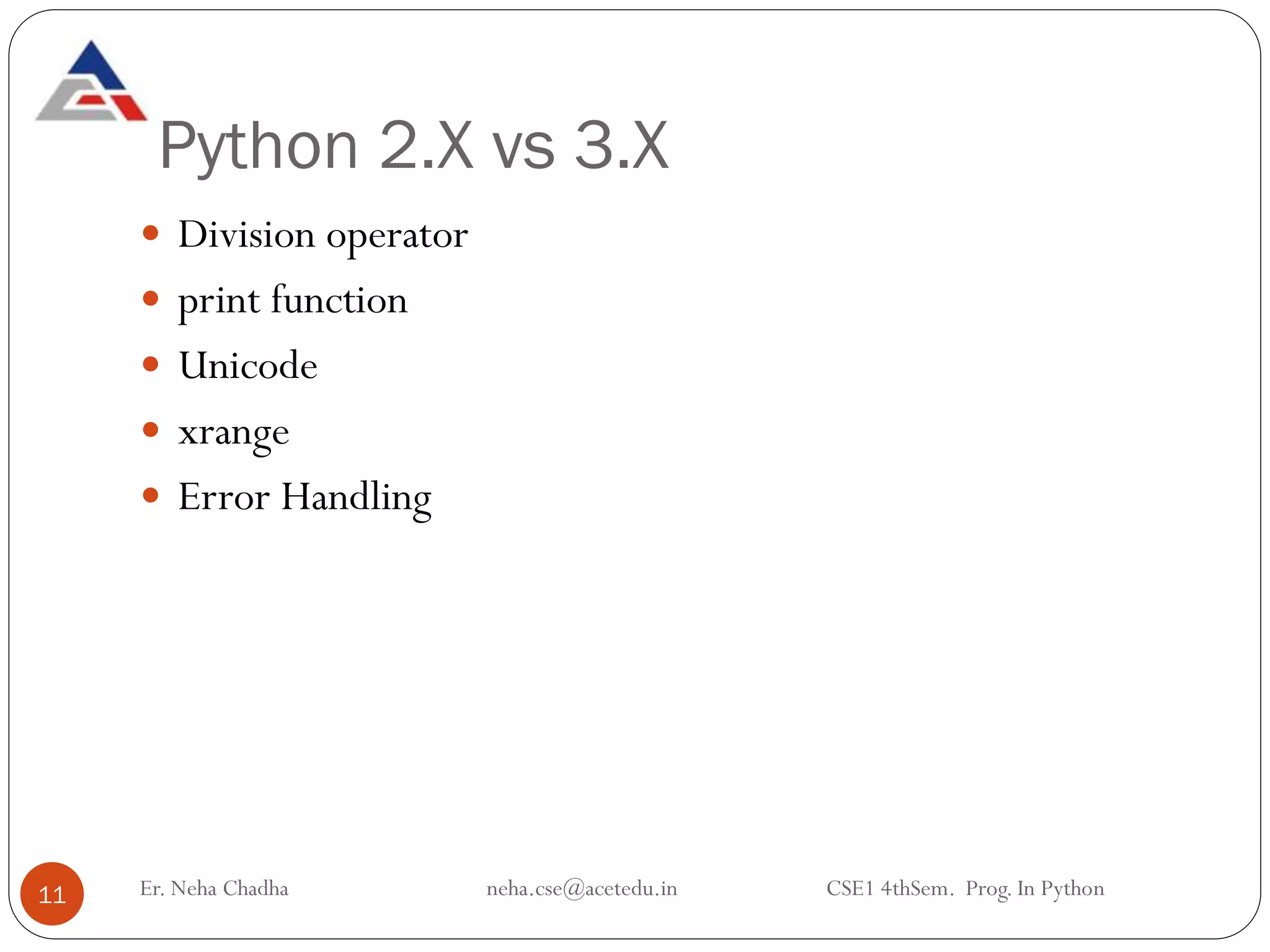 Python 2.X vs 3.X
Er. Neha Chadha neha.cse@acetedu.in CSE1 4thSem. Prog. In Python
11
 Division operator
 print function
 Unicode
 xrange
 Error Handling
 