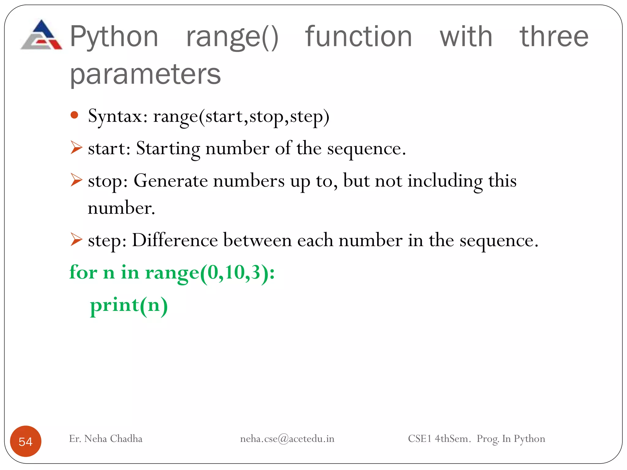 Python range() function with three
parameters
Er. Neha Chadha neha.cse@acetedu.in CSE1 4thSem. Prog. In Python
54
 Syntax: range(start,stop,step)
➢ start: Starting number of the sequence.
➢ stop: Generate numbers up to, but not including this
number.
➢ step: Difference between each number in the sequence.
for n in range(0,10,3):
print(n)
 