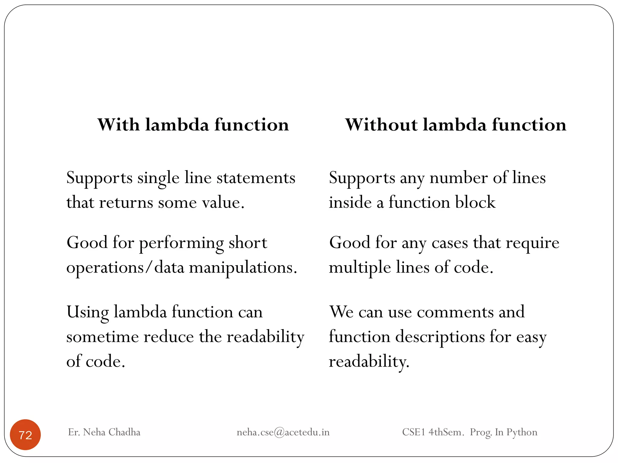 Er. Neha Chadha neha.cse@acetedu.in CSE1 4thSem. Prog. In Python
72
With lambda function Without lambda function
Supports single line statements
that returns some value.
Supports any number of lines
inside a function block
Good for performing short
operations/data manipulations.
Good for any cases that require
multiple lines of code.
Using lambda function can
sometime reduce the readability
of code.
We can use comments and
function descriptions for easy
readability.
 