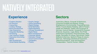 © Copyright S J Wilson www.stuwilson.co.uk
NATIVELYINTEGRATED
Experience Sectors
• Creative Direction


• Art Direction


• Copywriting


• Creative Strategy


• Brand Development


• User Experience


• Integrated Marketing


• Advertising


• User Interface Design


• Interactive Advertising


• Mobile


• App Development


• Social Media Marketing
Automotive, Beauty, Computer & Electronics,
Consumer Durables and Apparel, Energy,
Entertainment, Environmental, Financial Services,
FMCG, Food & Staples Retailing, Gifts & Flowers,
Health and Wellness, Health Care Equipment &
Services, Home & Garden, Household & Personal
Products, Insurance, Legal, Media, Non-Profit,
Performance Sportswear, Pharmaceuticals, Real
Estate, Recreation & Leisure, Recruitment, Retail,
Software & Services, Sports & Fitness & Leisure,
Start-ups, Technology Hardware & Equipment,
Telecommunications, Tools and Equipment,
Transportation, Travel & Tourism, Utilities.
• Graphic Design


• Online Advertising


• Digital Strategy


• Email Marketing


• Digital Marketing


• Concept Development


• Digital Media


• Brand development


• Corporate Identity


• Interaction Design


• Visual Communication


• Typography


• Posters
 