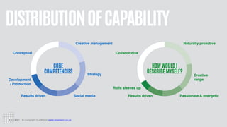 © Copyright S J Wilson www.stuwilson.co.uk
DISTRIBUTIONOFCAPABILITY
CORE


COMPETENCIES
HOW WOULD I


DESCRIBE MYSELF?
Rolls sleeves up
Results driven Passionate & energetic
Creative
range
Naturally proactive
Collaborative
Results driven Social media
Strategy
Creative management
Conceptual
Development
/ Production
 