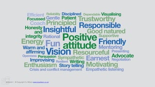 © Copyright S J Wilson www.stuwilson.co.uk
Positive
attitude
Insightful
Vision Resourceful
Principled Responsible
Trustworthy
Good natured
Friendly
Fun
Enthusiasm
Energy
Mentoring
Advocate
Coach
Motivating
Story telling
Writing
Improvising
Gentle Patient
Sympathetic
Supportive
Warm and
affirming
Empathetic listening
Presenting
Persuasion
Negotiation
Honesty
and
integrity
Openness
Rational
Reliability Dependable
Efficient
Focussed
Disciplined
Resilient
Crisis and conflict management
Visualising
Earnest
 