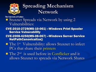 Spreading Mechanism Network Stuxnet Spreads via Network by using 2 Vulnerabilities: CVE-2010-2729(MS-10-061) –Windows Print Spooler Service Vulnerability CVE-2008-4250(MS-08-067) –Windows Server Service NetPathCanonicalize()  The 1 st   Vulnerability: allows Stuxnet to infect PCs that share their  printers The 2 nd   is used before in  Conflicker  and it allows Stuxnet to spreads via Network Shares 
