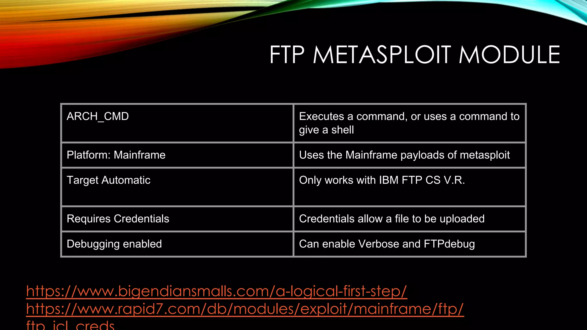 FTP METASPLOIT MODULE
ARCH_CMD Executes a command, or uses a command to
give a shell
Platform: Mainframe Uses the Mainframe payloads of metasploit
Target Automatic Only works with IBM FTP CS V.R.
Requires Credentials Credentials allow a file to be uploaded
Debugging enabled Can enable Verbose and FTPdebug
https://www.bigendiansmalls.com/a-logical-first-step/
https://www.rapid7.com/db/modules/exploit/mainframe/ftp/
 