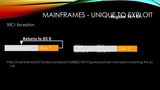 MAINFRAMES - UNIQUE TO EXPLOIT
S0C1 Exception
http://mainframed767.tumblr.com/post/136886215917/guest-post-jan-cannaerts-smashing-the-zo
s-le
DSA Level 0 DSA 1
Returns to DS 0
DSA
Level 0
DSA 2
DSA
Level 1
Register 14 = RP
 