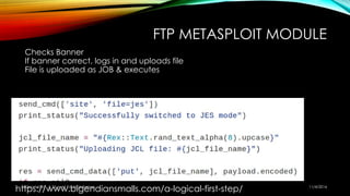 FTP METASPLOIT MODULE
Checks Banner
If banner correct, logs in and uploads file
File is uploaded as JOB & executes
https://www.bigendiansmalls.com/a-logical-first-step/@3ncr1pt3d A Stuxnet For Mainframes 11/4/2016
 