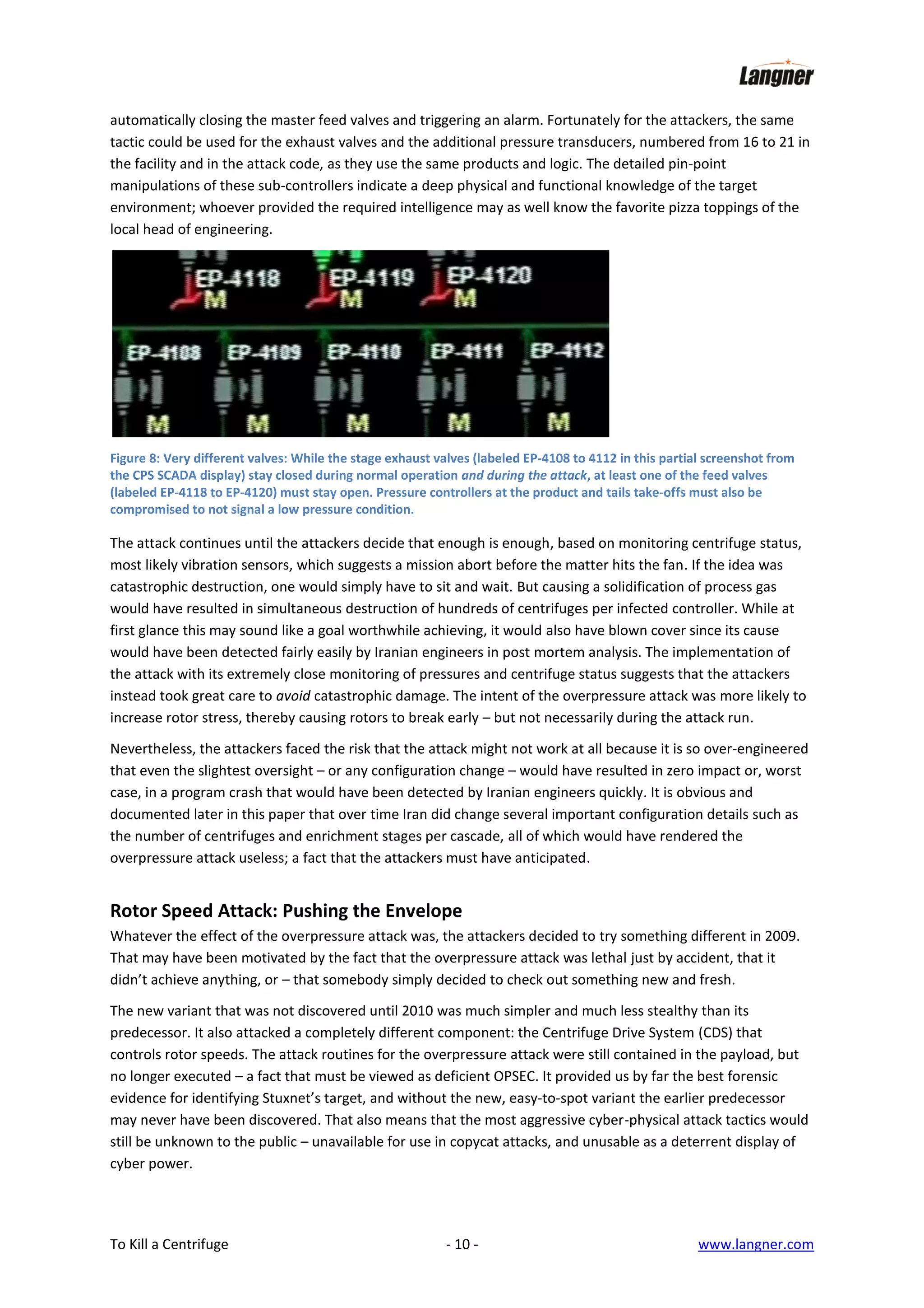 automatically closing the master feed valves and triggering an alarm. Fortunately for the attackers, the same
tactic could be used for the exhaust valves and the additional pressure transducers, numbered from 16 to 21 in
the facility and in the attack code, as they use the same products and logic. The detailed pin-point
manipulations of these sub-controllers indicate a deep physical and functional knowledge of the target
environment; whoever provided the required intelligence may as well know the favorite pizza toppings of the
local head of engineering.

Figure 8: Very different valves: While the stage exhaust valves (labeled EP-4108 to 4112 in this partial screenshot from
the CPS SCADA display) stay closed during normal operation and during the attack, at least one of the feed valves
(labeled EP-4118 to EP-4120) must stay open. Pressure controllers at the product and tails take-offs must also be
compromised to not signal a low pressure condition.

The attack continues until the attackers decide that enough is enough, based on monitoring centrifuge status,
most likely vibration sensors, which suggests a mission abort before the matter hits the fan. If the idea was
catastrophic destruction, one would simply have to sit and wait. But causing a solidification of process gas
would have resulted in simultaneous destruction of hundreds of centrifuges per infected controller. While at
first glance this may sound like a goal worthwhile achieving, it would also have blown cover since its cause
would have been detected fairly easily by Iranian engineers in post mortem analysis. The implementation of
the attack with its extremely close monitoring of pressures and centrifuge status suggests that the attackers
instead took great care to avoid catastrophic damage. The intent of the overpressure attack was more likely to
increase rotor stress, thereby causing rotors to break early – but not necessarily during the attack run.
Nevertheless, the attackers faced the risk that the attack might not work at all because it is so over-engineered
that even the slightest oversight – or any configuration change – would have resulted in zero impact or, worst
case, in a program crash that would have been detected by Iranian engineers quickly. It is obvious and
documented later in this paper that over time Iran did change several important configuration details such as
the number of centrifuges and enrichment stages per cascade, all of which would have rendered the
overpressure attack useless; a fact that the attackers must have anticipated.

Rotor Speed Attack: Pushing the Envelope
Whatever the effect of the overpressure attack was, the attackers decided to try something different in 2009.
That may have been motivated by the fact that the overpressure attack was lethal just by accident, that it
didn’t achieve anything, or – that somebody simply decided to check out something new and fresh.
The new variant that was not discovered until 2010 was much simpler and much less stealthy than its
predecessor. It also attacked a completely different component: the Centrifuge Drive System (CDS) that
controls rotor speeds. The attack routines for the overpressure attack were still contained in the payload, but
no longer executed – a fact that must be viewed as deficient OPSEC. It provided us by far the best forensic
evidence for identifying Stuxnet’s target, and without the new, easy-to-spot variant the earlier predecessor
may never have been discovered. That also means that the most aggressive cyber-physical attack tactics would
still be unknown to the public – unavailable for use in copycat attacks, and unusable as a deterrent display of
cyber power.

To Kill a Centrifuge

- 10 -

www.langner.com

 