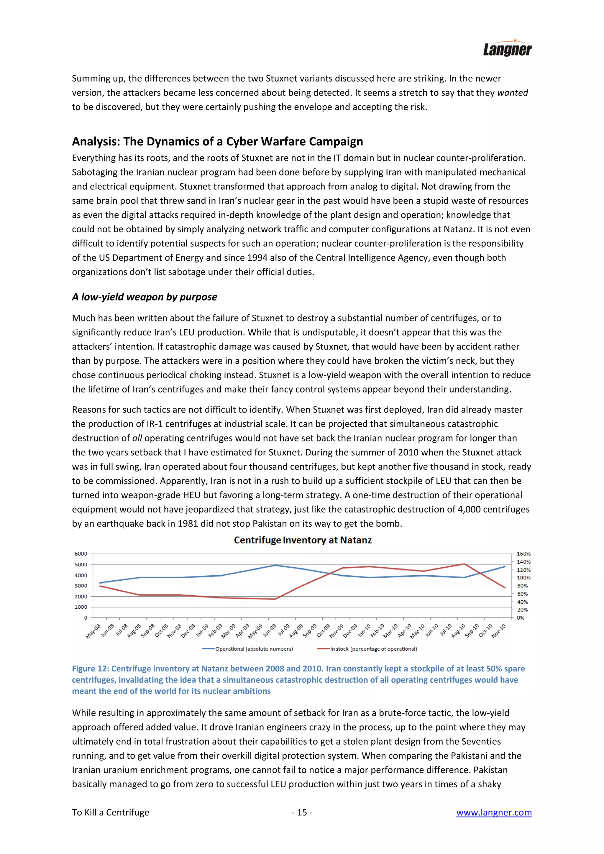 Summing up, the differences between the two Stuxnet variants discussed here are striking. In the newer
version, the attackers became less concerned about being detected. It seems a stretch to say that they wanted
to be discovered, but they were certainly pushing the envelope and accepting the risk.

Analysis: The Dynamics of a Cyber Warfare Campaign
Everything has its roots, and the roots of Stuxnet are not in the IT domain but in nuclear counter-proliferation.
Sabotaging the Iranian nuclear program had been done before by supplying Iran with manipulated mechanical
and electrical equipment. Stuxnet transformed that approach from analog to digital. Not drawing from the
same brain pool that threw sand in Iran’s nuclear gear in the past would have been a stupid waste of resources
as even the digital attacks required in-depth knowledge of the plant design and operation; knowledge that
could not be obtained by simply analyzing network traffic and computer configurations at Natanz. It is not even
difficult to identify potential suspects for such an operation; nuclear counter-proliferation is the responsibility
of the US Department of Energy and since 1994 also of the Central Intelligence Agency, even though both
organizations don’t list sabotage under their official duties.

A low-yield weapon by purpose
Much has been written about the failure of Stuxnet to destroy a substantial number of centrifuges, or to
significantly reduce Iran’s LEU production. While that is undisputable, it doesn’t appear that this was the
attackers’ intention. If catastrophic damage was caused by Stuxnet, that would have been by accident rather
than by purpose. The attackers were in a position where they could have broken the victim’s neck, but they
chose continuous periodical choking instead. Stuxnet is a low-yield weapon with the overall intention to reduce
the lifetime of Iran’s centrifuges and make their fancy control systems appear beyond their understanding.
Reasons for such tactics are not difficult to identify. When Stuxnet was first deployed, Iran did already master
the production of IR-1 centrifuges at industrial scale. It can be projected that simultaneous catastrophic
destruction of all operating centrifuges would not have set back the Iranian nuclear program for longer than
the two years setback that I have estimated for Stuxnet. During the summer of 2010 when the Stuxnet attack
was in full swing, Iran operated about four thousand centrifuges, but kept another five thousand in stock, ready
to be commissioned. Apparently, Iran is not in a rush to build up a sufficient stockpile of LEU that can then be
turned into weapon-grade HEU but favoring a long-term strategy. A one-time destruction of their operational
equipment would not have jeopardized that strategy, just like the catastrophic destruction of 4,000 centrifuges
by an earthquake back in 1981 did not stop Pakistan on its way to get the bomb.

Figure 12: Centrifuge inventory at Natanz between 2008 and 2010. Iran constantly kept a stockpile of at least 50% spare
centrifuges, invalidating the idea that a simultaneous catastrophic destruction of all operating centrifuges would have
meant the end of the world for its nuclear ambitions

While resulting in approximately the same amount of setback for Iran as a brute-force tactic, the low-yield
approach offered added value. It drove Iranian engineers crazy in the process, up to the point where they may
ultimately end in total frustration about their capabilities to get a stolen plant design from the Seventies
running, and to get value from their overkill digital protection system. When comparing the Pakistani and the
Iranian uranium enrichment programs, one cannot fail to notice a major performance difference. Pakistan
basically managed to go from zero to successful LEU production within just two years in times of a shaky
To Kill a Centrifuge

- 15 -

www.langner.com

 