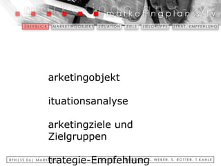 Marketingobjekt Situationsanalyse Marketingziele und Zielgruppen Strategie-Empfehlung 