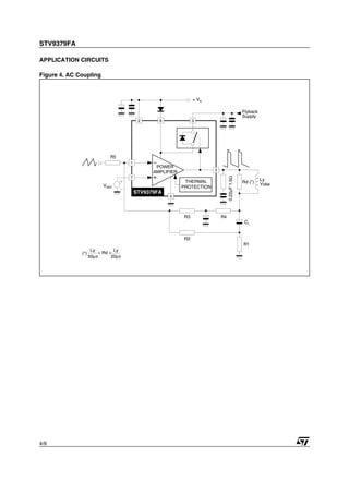 STV9379FA
4/9
APPLICATION CIRCUITS
Figure 4. AC Coupling
4
5
7
R5
R3
R2
R4
R1
1
2 6
Flyback
Supply
Ly
Yoke
Rd (*)
STV9379FA
3
Ly
50µS
Ly
< Rd <(*)
+ VS
VREF
POWER
AMPLIFIER
THERMAL
PROTECTION
CL
0.22µF1.5Ω
20µS
 