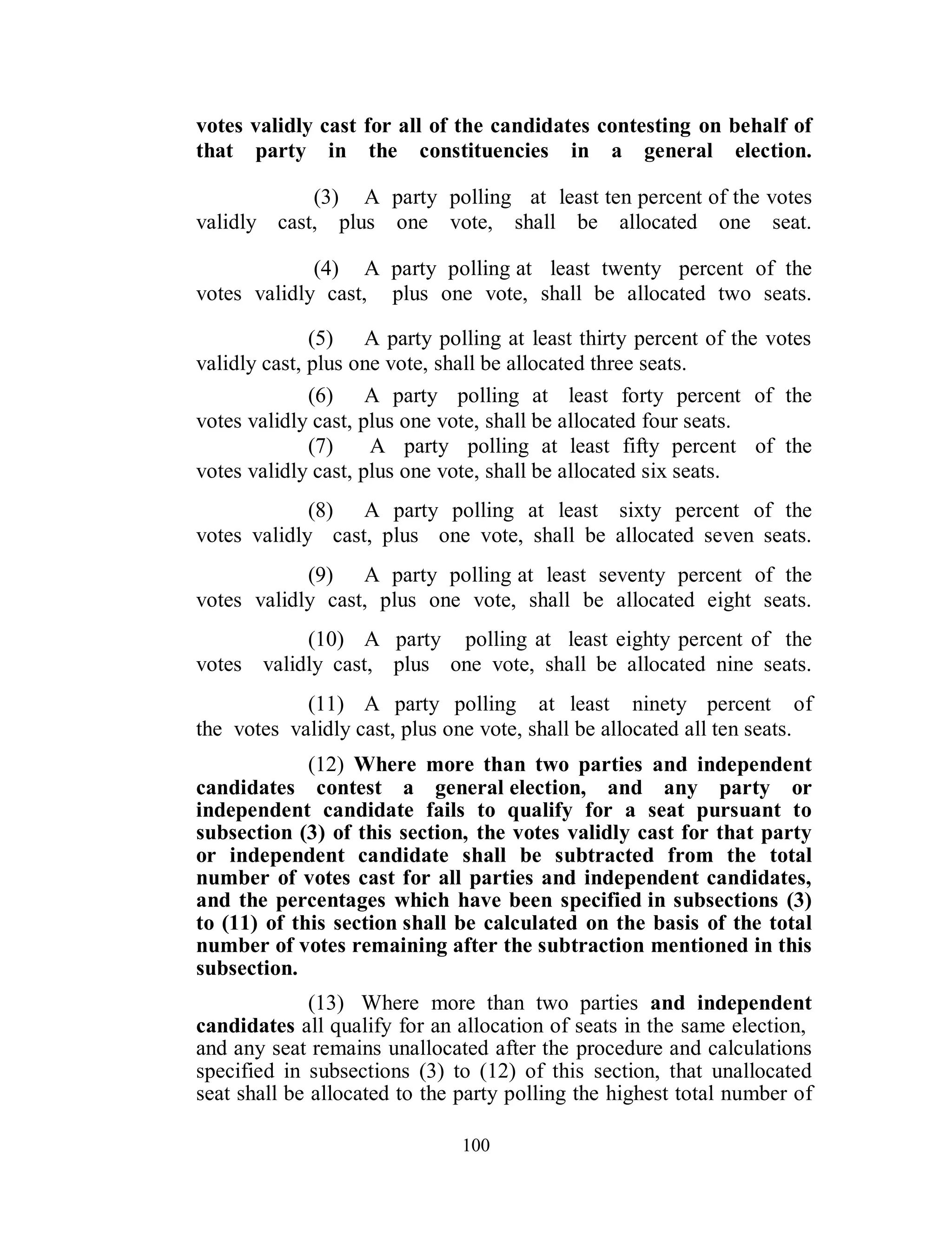 votes validly cast for all of the candidates contesting on behalf of
that party in the constituencies in a general election.

            (3) A party polling at least ten percent of the votes
validly cast, plus one vote, shall be allocated one seat.

             (4) A party polling at least twenty percent of the
votes validly cast, plus one vote, shall be allocated two seats.

              (5) A party polling at least thirty percent of the votes
validly cast, plus one vote, shall be allocated three seats.
              (6) A party polling at least forty percent of the
votes validly cast, plus one vote, shall be allocated four seats.
              (7)    A party polling at least fifty percent of the
votes validly cast, plus one vote, shall be allocated six seats.
             (8) A party polling at least sixty percent of the
votes validly cast, plus one vote, shall be allocated seven seats.
            (9) A party polling at least seventy percent of the
votes validly cast, plus one vote, shall be allocated eight seats.
           (10) A party polling at least eighty percent of the
votes validly cast, plus one vote, shall be allocated nine seats.
            (11) A party polling at least ninety percent of
the votes validly cast, plus one vote, shall be allocated all ten seats.
             (12) Where more than two parties and independent
candidates contest a general election, and any party or
independent candidate fails to qualify for a seat pursuant to
subsection (3) of this section, the votes validly cast for that party
or independent candidate shall be subtracted from the total
number of votes cast for all parties and independent candidates,
and the percentages which have been specified in subsections (3)
to (11) of this section shall be calculated on the basis of the total
number of votes remaining after the subtraction mentioned in this
subsection.
              (13) Where more than two parties and independent
candidates all qualify for an allocation of seats in the same election,
and any seat remains unallocated after the procedure and calculations
specified in subsections (3) to (12) of this section, that unallocated
seat shall be allocated to the party polling the highest total number of

                               100
 