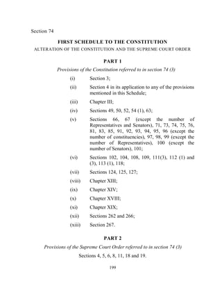 Section 74

             FIRST SCHEDULE TO THE CONSTITUTION
 ALTERATION OF THE CONSTITUTION AND THE SUPREME COURT ORDER

                                       PART 1
             Provisions of the Constitution referred to in section 74 (3)
                   (i)          Section 3;
                   (ii)         Section 4 in its application to any of the provisions
                                mentioned in this Schedule;
                   (iii)        Chapter III;
                   (iv)         Sections 49, 50, 52, 54 (1), 63;
                   (v)          Sections 66, 67 (except the number                of
                                Representatives and Senators), 71, 73, 74, 75,   76,
                                81, 83, 85, 91, 92, 93, 94, 95, 96 (except       the
                                number of constituencies), 97, 98, 99 (except    the
                                number of Representatives), 100 (except          the
                                number of Senators), 101;
                   (vi)         Sections 102, 104, 108, 109, 111(3), 112 (1) and
                                (3), 113 (1), 118;
                   (vii)        Sections 124, 125, 127;
                   (viii)       Chapter XIII;
                   (ix)         Chapter XIV;
                   (x)          Chapter XVIII;
                   (xi)         Chapter XIX;
                   (xii)        Sections 262 and 266;
                   (xiii)       Section 267.

                                       PART 2
     Provisions of the Supreme Court Order referred to in section 74 (3)
                           Sections 4, 5, 6, 8, 11, 18 and 19.

                                          199
 