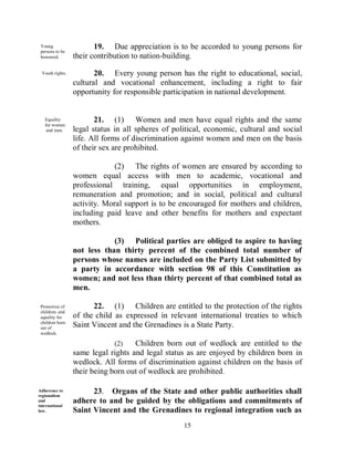 Young                  19. Due appreciation is to be accorded to young persons for
 persons to be
 honoured.       their contribution to nation-building.

 Youth rights.          20. Every young person has the right to educational, social,
                 cultural and vocational enhancement, including a right to fair
                 opportunity for responsible participation in national development.


   Equality             21. (1) Women and men have equal rights and the same
   for women
    and men.     legal status in all spheres of political, economic, cultural and social
                 life. All forms of discrimination against women and men on the basis
                 of their sex are prohibited.

                              (2) The rights of women are ensured by according to
                 women equal access with men to academic, vocational and
                 professional training, equal opportunities in employment,
                 remuneration and promotion; and in social, political and cultural
                 activity. Moral support is to be encouraged for mothers and children,
                 including paid leave and other benefits for mothers and expectant
                 mothers.

                             (3) Political parties are obliged to aspire to having
                 not less than thirty percent of the combined total number of
                 persons whose names are included on the Party List submitted by
                 a party in accordance with section 98 of this Constitution as
                 women; and not less than thirty percent of that combined total as
                 men.

 Protection of         22. (1) Children are entitled to the protection of the rights
 children; and
 equality for    of the child as expressed in relevant international treaties to which
 children born
 out of          Saint Vincent and the Grenadines is a State Party.
 wedlock.

                             (2)    Children born out of wedlock are entitled to the
                 same legal rights and legal status as are enjoyed by children born in
                 wedlock. All forms of discrimination against children on the basis of
                 their being born out of wedlock are prohibited.

Adherence to
regionalism
                       23. Organs of the State and other public authorities shall
and
international
                 adhere to and be guided by the obligations and commitments of
law.             Saint Vincent and the Grenadines to regional integration such as
                                                   15
 